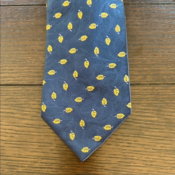 Lanvin Blue and Gold Leaf Print Silk Tie - Picture 1 of 7